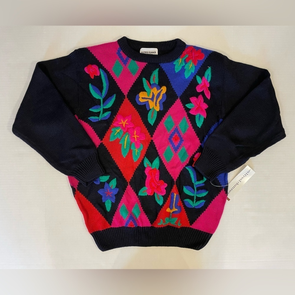 Alfred Dunner vintage multicolored floral embroidered argyle sweater size XL NWT